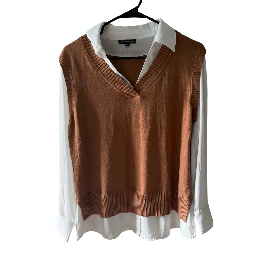 Adrianna Papell Womens Mixed Media Layered Sweater Shirt Brown White Large